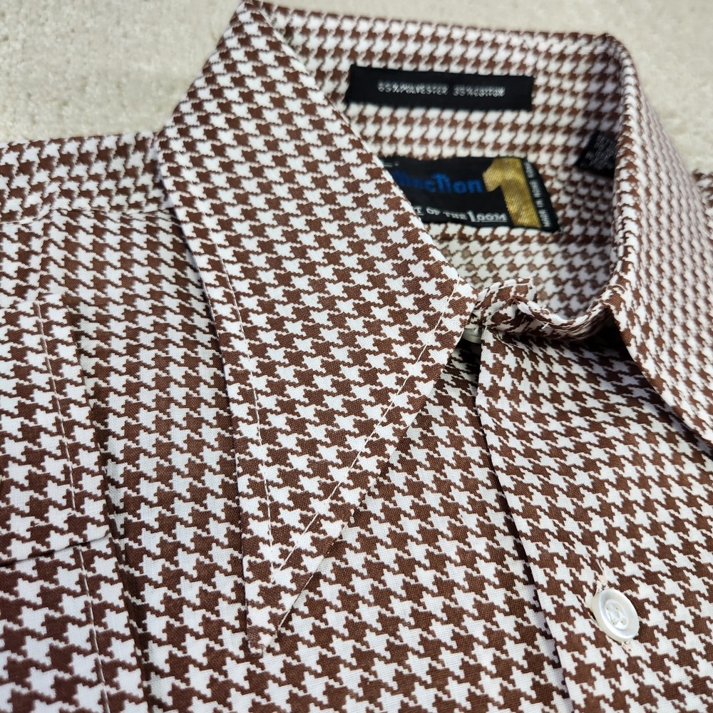 True Vintage 70s Permanent Press Shirt Men Large Houndstooth Fruit Of The Loom